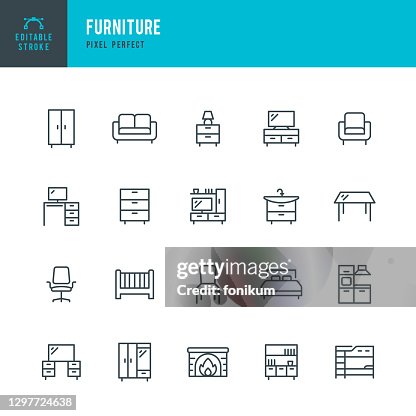 FURNITURE - thin line vector icon set. Pixel perfect. Editable stroke. The set contains icons: Living Room, Bed, Desk, Chair, Kitchen, Dining Table, Sofa, Office Chair, Bookshelf, Armchair. FURNITURE - thin line vector icon set. Pixel perfect. Editable stroke. The set contains icons: Living Room, Bed, Desk, Chair, Kitchen, Dining Table, Sofa, Office Chair, Bookshelf, Armchair.