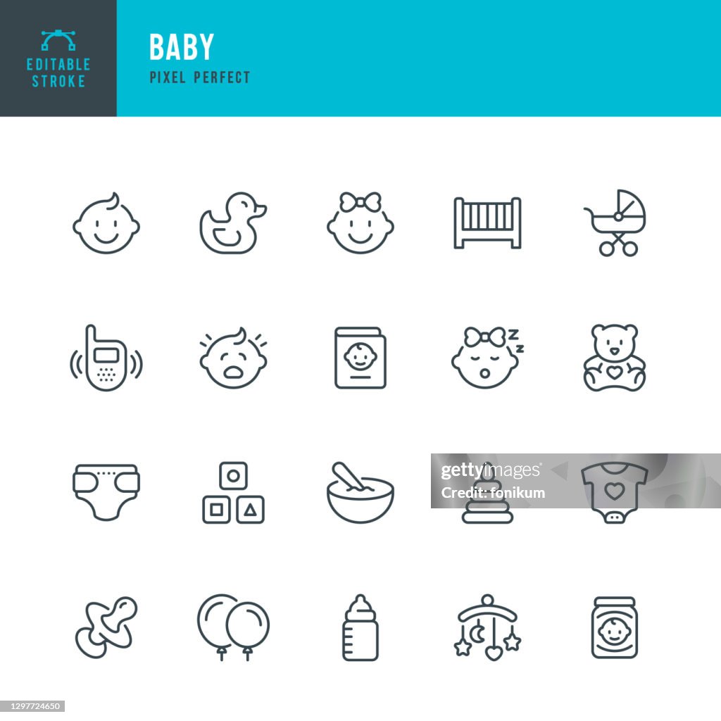 BABY - ensemble d’icônes vectorielles à ligne mince. Pixel parfait. Coup modifiable. L’ensemble contient des icônes: Enfant, Baby Boys, Baby Girls, Baby Carriage, Baby Food, Baby Bottle, Rubber Duck, Baby Clothing, Crib, Diaper.