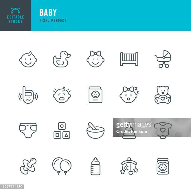 baby - 細線向量圖示集。圖元完美。可編輯描邊。套裝包含圖示： 兒童， 男嬰， 女嬰， 嬰兒運輸， 嬰兒食品， 嬰兒奶瓶， 橡膠鴨， 嬰兒服裝， 嬰兒床， 尿布. - carefree 幅插畫檔、美工圖案、卡通及圖標