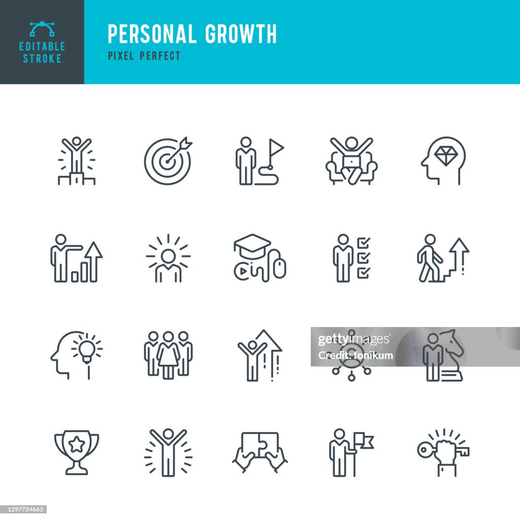 Persönliches Wachstum - Dünnlinien-Vektor-Symbol-Set. Pixel perfekt. Bearbeitbarer Strich. Das Set enthält Symbole: Führung, Lernen, Karriere, Geschicklichkeit, Motivation, Aufsteigen, Gewinner, Erfolg, Wettbewerb, Leiter des Erfolgs.