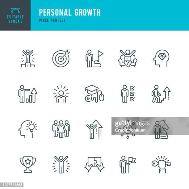 illustrazioni stock, clip art, cartoni animati e icone di tendenza di crescita personale - set di icone vettoriali a linea sottile. pixel perfetto. tratto modificabile. il set contiene icone: leadership, apprendimento, carriera, abilità, motivazione, salire, vincitore, successo, competizione, scala del successo. - occupazione