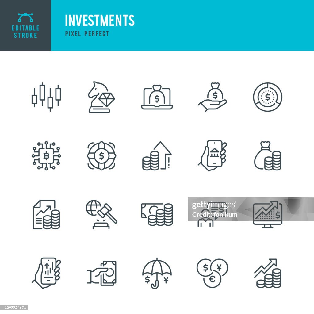 INVESTITIONEN - Dünnlinien-Vektor-Symbol gesetzt. Pixel perfekt. Bearbeitbarer Strich. Das Set enthält Symbole: Geschäftsstrategie, Investment, Aktienmarkt, Gewinnwachstum, Kredit, Vermögen, Finanzberater, Kryptowährung, Währungsumtausch.
