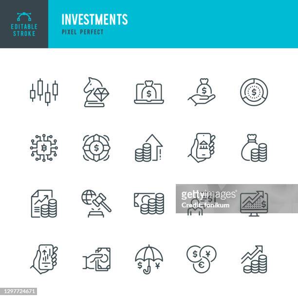 investitionen - dünnlinien-vektor-symbol gesetzt. pixel perfekt. bearbeitbarer strich. das set enthält symbole: geschäftsstrategie, investment, aktienmarkt, gewinnwachstum, kredit, vermögen, finanzberater, kryptowährung, währungsumtausch. - finanzen stock-grafiken, -clipart, -cartoons und -symbole