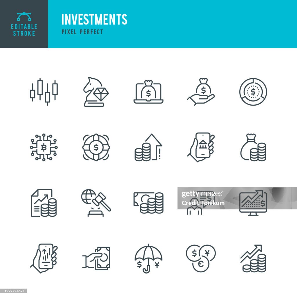 INVERSIONS - conjunto de iconos vectoriales de línea delgada. Pixel perfecto. Trazo editable. El conjunto contiene iconos: Estrategia de Negocio, Inversión, Mercado de Valores, Crecimiento de Ganancias, Préstamo, Riqueza, Asesor Financiero, Criptomoneda