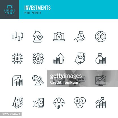 INVESTMENTS - thin line vector icon set. Pixel perfect. Editable stroke. The set contains icons: Business Strategy, Investment, Stock Market, Profit Growth, Loan, Wealth, Financial Advisor, Cryptocurrency, Currency Exchange. INVESTMENTS - thin line vector icon set. Pixel perfect. Editable stroke. The set contains icons: Business Strategy, Investment, Stock Market, Profit Growth, Loan, Wealth, Financial Advisor, Cryptocurrency, Currency Exchange.