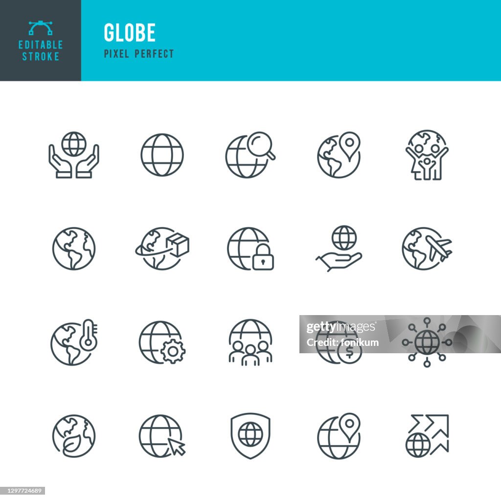 GLOBE - conjunto de iconos vectoriales de línea delgada. Pixel perfecto. Trazo editable. El conjunto contiene iconos: Planeta Tierra, Globo, Negocios Globales, Cambio Climático, Entrega, Viajes, Conservación Ambiental, Envío.