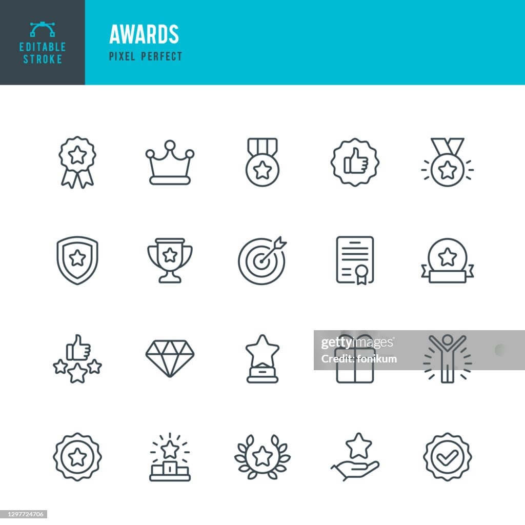 AWARDS - ensemble d’icônes vectorielles à ligne mince. Pixel parfait. Coup modifiable. L’ensemble contient des icônes : Prix, Première Place, Podium des gagnants, Leadership, Certificat, Couronne de laurier, Médaille, Trophée, Cadeau.
