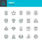 AWARDS - thin line vector icon set. Pixel perfect. Editable stroke. The set contains icons: Award, First Place, Winners Podium, Leadership, Certificate, Laurel Wreath, Medal, Trophy, Gift.