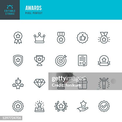 AWARDS - thin line vector icon set. Pixel perfect. Editable stroke. The set contains icons: Award, First Place, Winners Podium, Leadership, Certificate, Laurel Wreath, Medal, Trophy, Gift. AWARDS - thin line vector icon set. Pixel perfect. Editable stroke. The set contains icons: Award, First Place, Winners Podium, Leadership, Certificate, Laurel Wreath, Medal, Trophy, Gift.