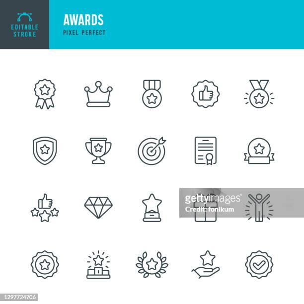 awards - thin line vector icon set. pixel perfect. editable stroke. the set contains icons: award, first place, winners podium, leadership, certificate, laurel wreath, medal, trophy, gift. - star shape stock illustrations