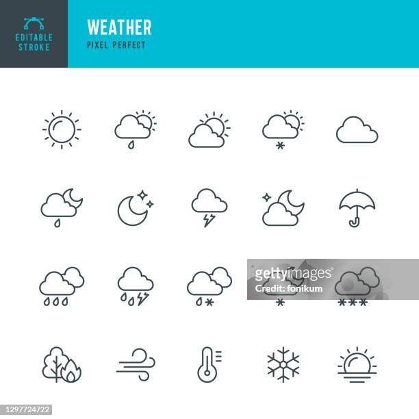 illustrations, cliparts, dessins animés et icônes de météo - ensemble d’icônes vectorielles à ligne mince. pixel parfait. coup modifiable. l’ensemble contient des icônes : soleil, lune, nuage, hiver, été, pluie, neige, blizzard, parapluie, flocon de neige, lever de soleil, vent. - soleil
