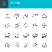 WEATHER - thin line vector icon set. Pixel perfect. Editable stroke. The set contains icons: Sun, Moon, Cloud, Winter, Summer, Rain, Snow, Blizzard, Umbrella, Snowflake, Sunrise, Wind.