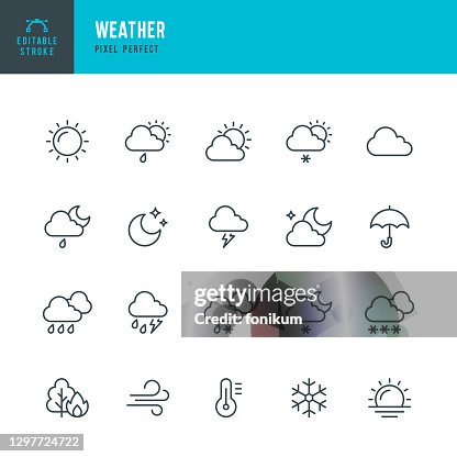 WEATHER - thin line vector icon set. Pixel perfect. Editable stroke. The set contains icons: Sun, Moon, Cloud, Winter, Summer, Rain, Snow, Blizzard, Umbrella, Snowflake, Sunrise, Wind. WEATHER - thin line vector icon set. Pixel perfect. Editable stroke. The set contains icons: Sun, Moon, Cloud, Winter, Summer, Rain, Snow, Blizzard, Umbrella, Snowflake, Sunrise, Wind.