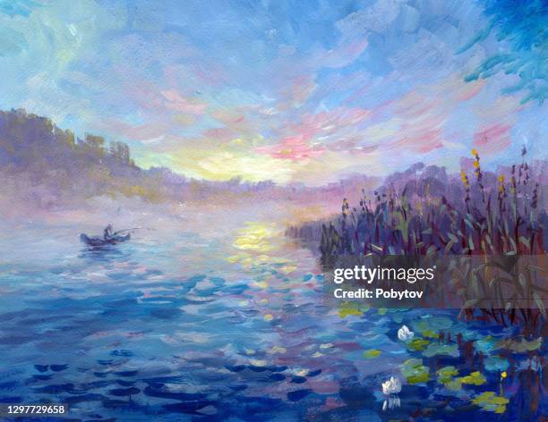 bildbanksillustrationer, clip art samt tecknat material och ikoner med morgon på en dimmig flod, målning i stil med impressionism - impressionism