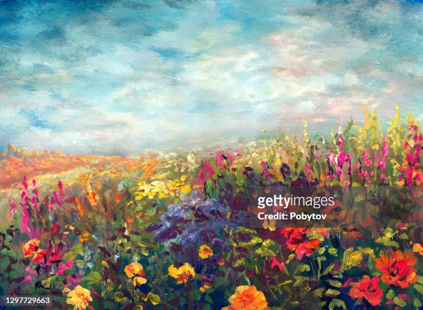 spring flowering meadow, painting in the style of impressionism - idyllic stock illustrations