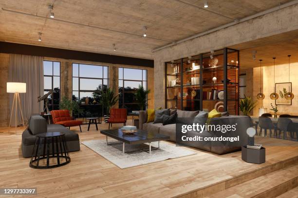 luxury living room at night with armchairs, sofa, lighting equipments and dining table background. - living room night dark stock pictures, royalty-free photos & images
