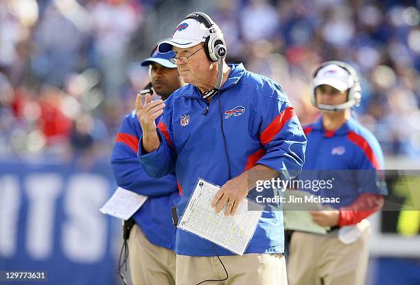 Head coach Chan Gailey of the Buffalo Bills looks on against the New York Giants on October 16, 2011 at MetLife Stadium in East Rutherford, New...