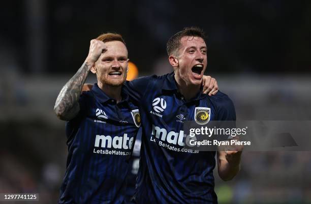 Daniel Bouman of the Mariners celebrates with Jack Clisby of the Mariners after scoring his teams first goal during the A-League match between Sydney...