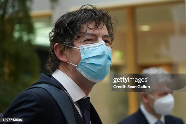 Charite Hospital Institute for Virology Director Christian Drosten arrives with other leading German health authorities to speak to the media over...