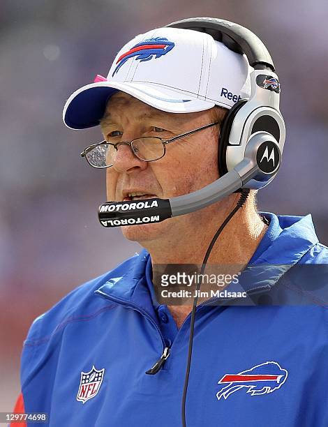 Head coach Chan Gailey of the Buffalo Bills looks on against the New York Giants on October 16, 2011 at MetLife Stadium in East Rutherford, New...