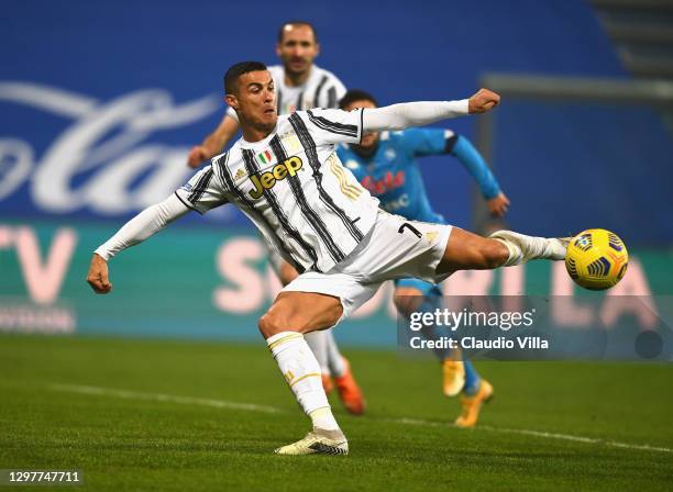 Cristiano Ronaldo of Juventus scores the opening goal during the Italian PS5 Supercup match between Juventus and SSC Napoli at Mapei Stadium - Citta'...