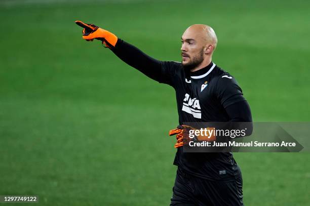 Marco Dmitrovic of SD Eibar celebrates after scoring goal during the La Liga Santander match between SD Eibar and Atletico de Madrid at Estadio...