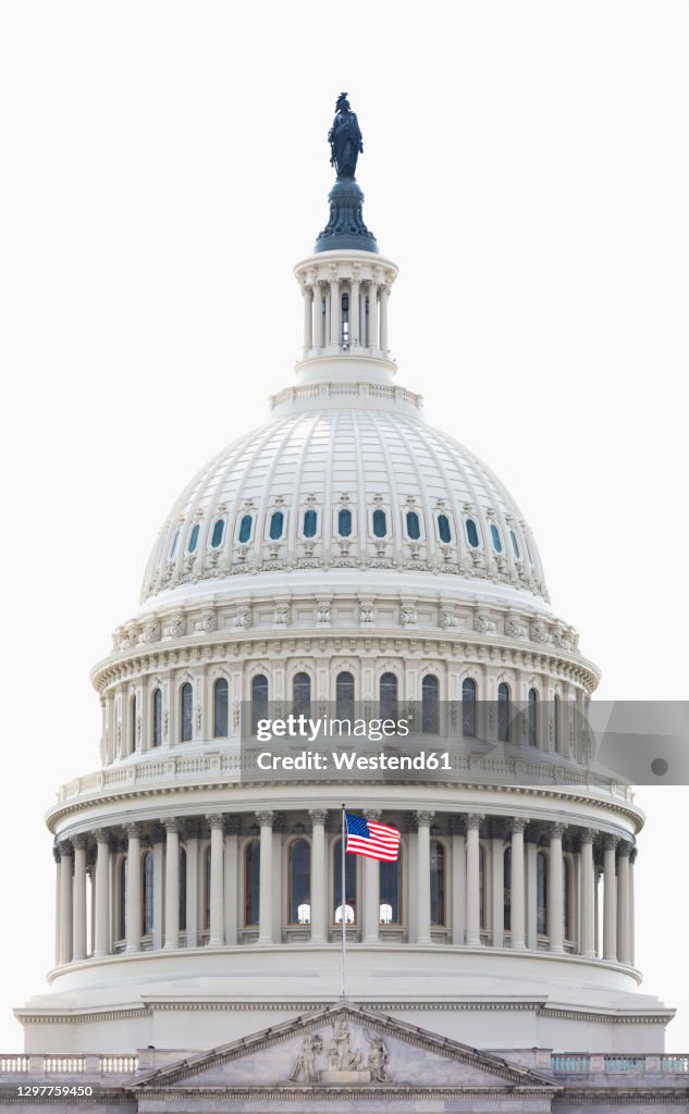 USA, Washington DC, Dome of United States Capitol against clear white sky