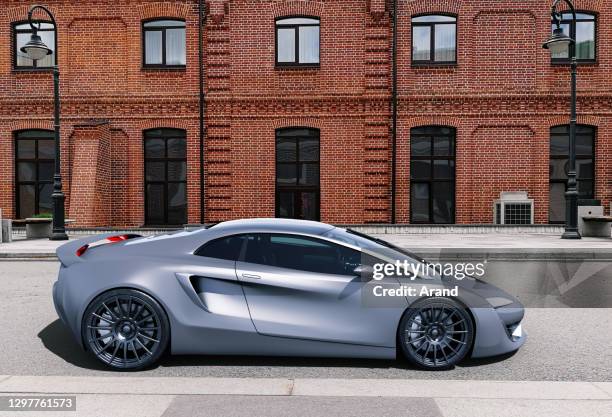 gray sportscar side view
 view on city street - auto 3d stock pictures, royalty-free photos & images