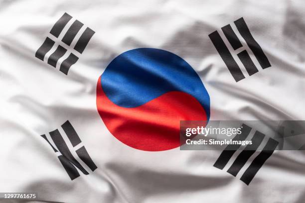 flag of south korea blowing in the wind. - korea imagens e fotografias de stock