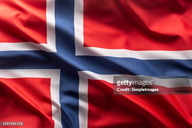 flag of norway blowing in the wind. - norway flag stock pictures, royalty-free photos & images