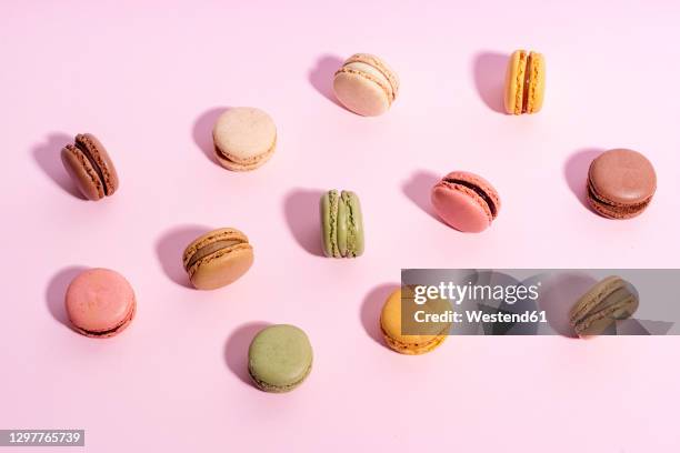 studio shot of colorful macaroon cookies - macaroons stockfoto's en -beelden