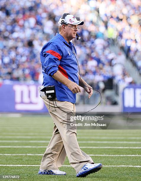 Head coach Chan Gailey of the Buffalo Bills looks on against the New York Giants on October 16, 2011 at MetLife Stadium in East Rutherford, New...