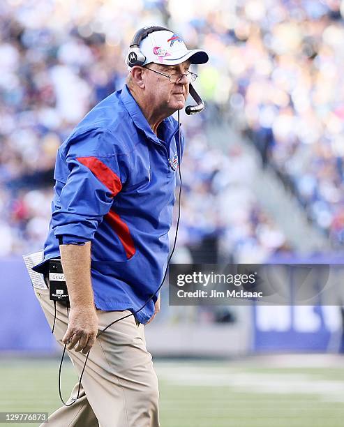 Head coach Chan Gailey of the Buffalo Bills looks on against the New York Giants on October 16, 2011 at MetLife Stadium in East Rutherford, New...