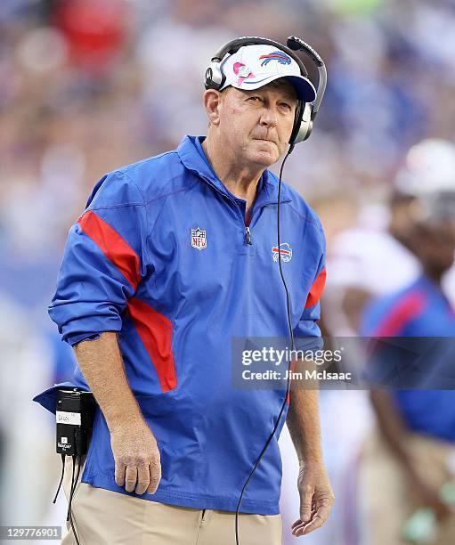 Head coach Chan Gailey of the Buffalo Bills looks on against the New York Giants on October 16, 2011 at MetLife Stadium in East Rutherford, New...