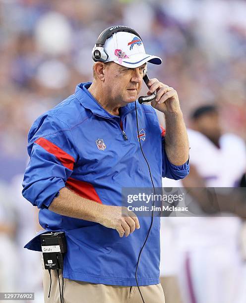 Head coach Chan Gailey of the Buffalo Bills looks on against the New York Giants on October 16, 2011 at MetLife Stadium in East Rutherford, New...