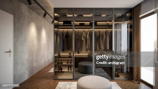 computer generated image of dressing room. architectural visualization. 3d rendering. - closet stock pictures, royalty-free photos & images