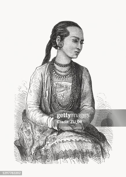 stockillustraties, clipart, cartoons en iconen met een meisje van ma in zuidoost-azië, houten gravure, gepubliceerd 1893 - thai ethnicity