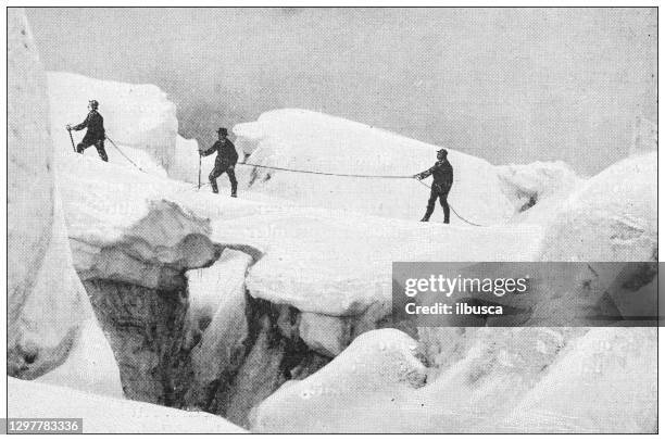 antique black and white photograph: mountain climbing on the mont blanc - blanc photos stock illustrations