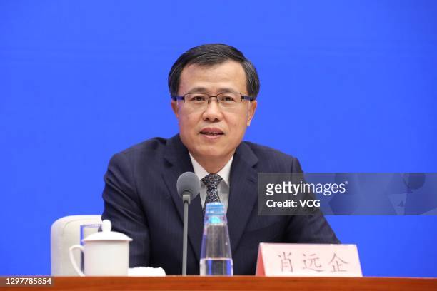 Xiao Yuanqi, Chief Risk Officer and Spokesperson of the China Banking and Insurance Regulatory Commission, speaks during a news conference to brief...