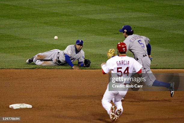 Elvis Andrus of the Texas Rangers flips the ball to Ian Kinsler for a fielders choice out to get Jaime Garcia of the St. Louis Cardinals at second...