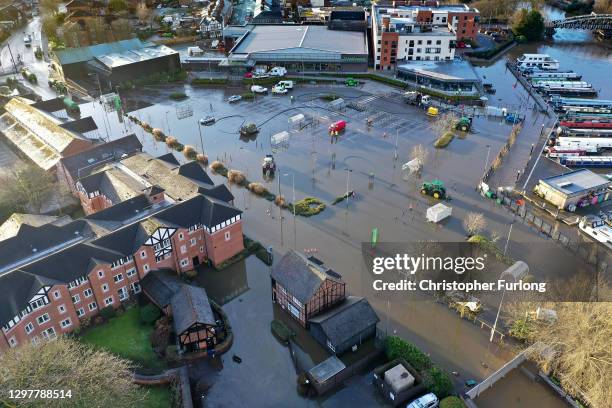 The clean up as floodwater begins to recede from the town of Northwich, Cheshire, in the aftermath of Storm Christoph on January 22, 2021 in...