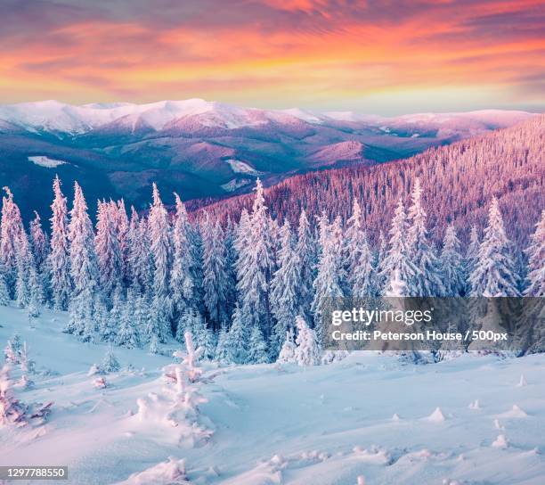 scenic view of snow covered mountains against sky during sunset - winter sunset stock pictures, royalty-free photos & images