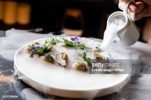 waiter pouring liquid nitrogen into carpaccio - liquid nitrogen stock pictures, royalty-free photos & images