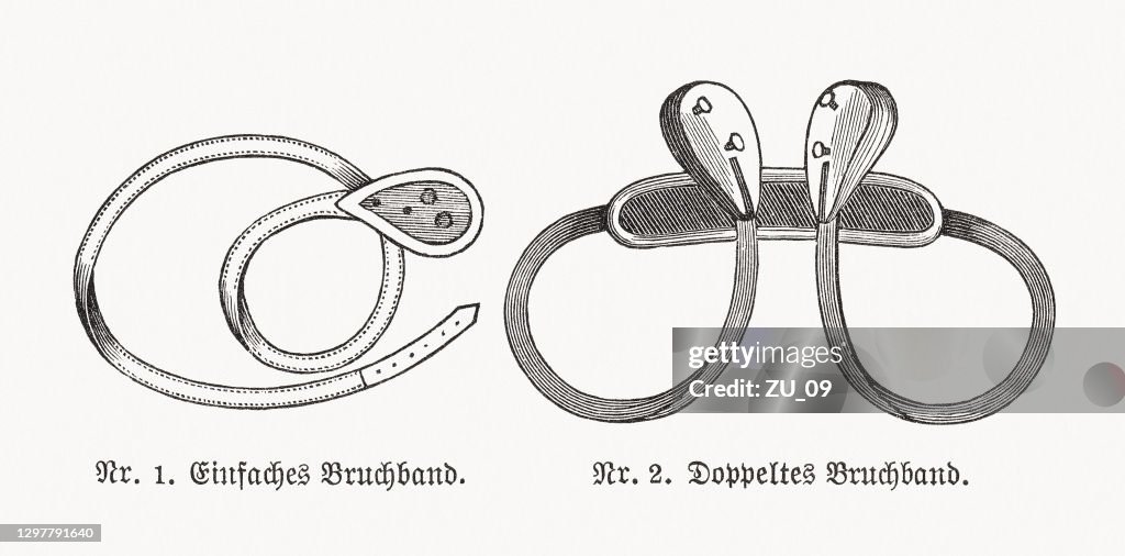 Hernia truss pads, wood engravings, published in 1893