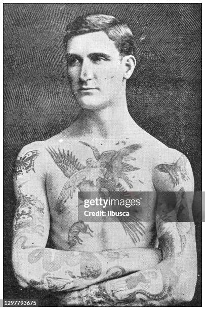 antique black and white photograph: tattoos - chest torso stock illustrations