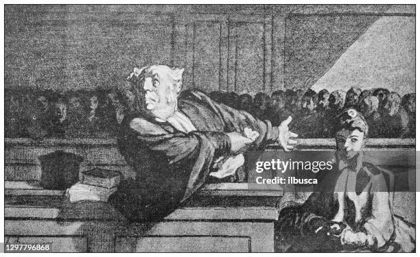 antique illustration: lawyer in trial - judgement stock illustrations