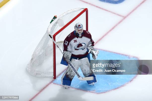 Hunter Miska of the Colorado Avalanche looks on during the third period against the Los Angeles Kings at STAPLES Center on January 21, 2021 in Los...