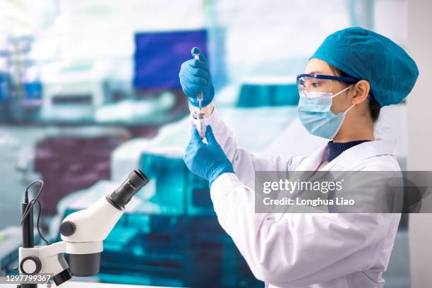 a young woman doctor studies the covid-19 vaccine in the lab - china virus stock-fotos und bilder
