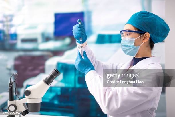 a young woman doctor studies the covid-19 vaccine in the lab - vacuna contra la covid 19 fotografías e imágenes de stock