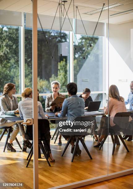 bedrijfsmensen die een vergadering in het bureau hebben - directievergadering stockfoto's en -beelden